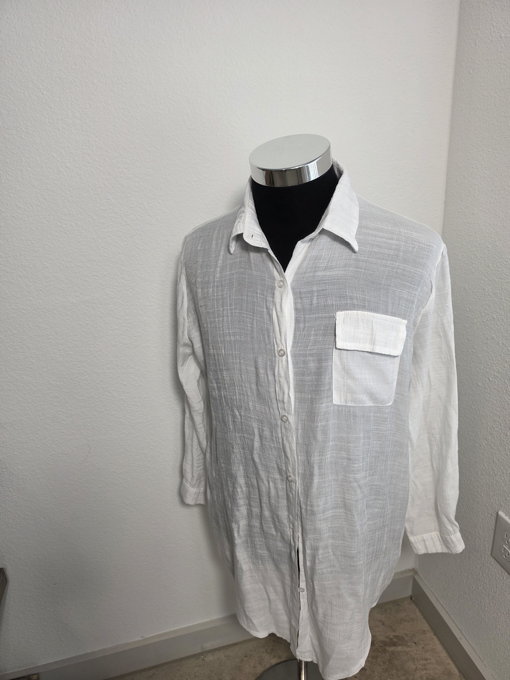 Women's White Cotton Gauze Oversized Button-Down Shirt – Long Sleeve Textured
